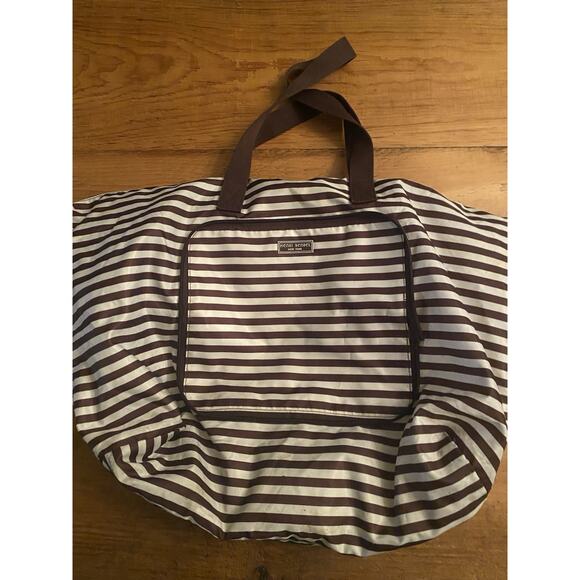Henri Bendel Zip Around Packable Brown White Stripe Lightweight Tote Broken Zip - Picture 1 of 15